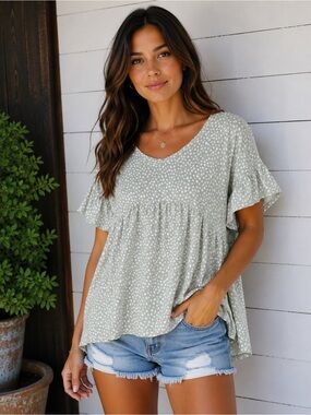 Sunday morning Sage Green Floral Ruffle Sleeve Tunic Top